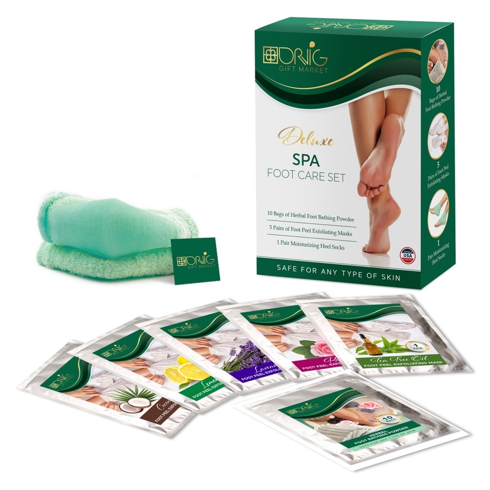 Foot Bath Mask Spa Set for 10 Bags of Bathing Powder, 5 Peel Mask, 1 Heel Sock